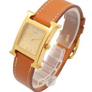 HERMES H Wrist Watch HH1.201 Quartz Gold Plated Leather Watch
